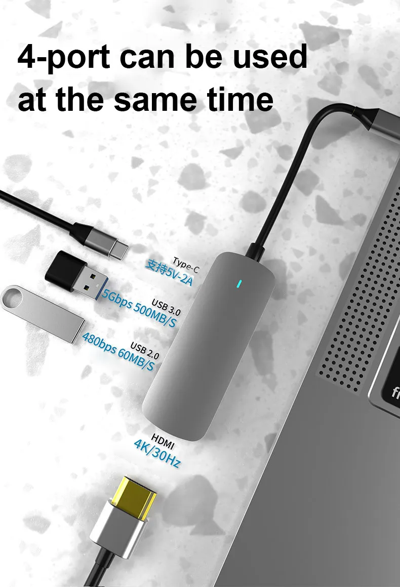 4 in 1 USB Hub USB-C Docking Station for USB3.0+HDMI 4K+Pd Quick Charge