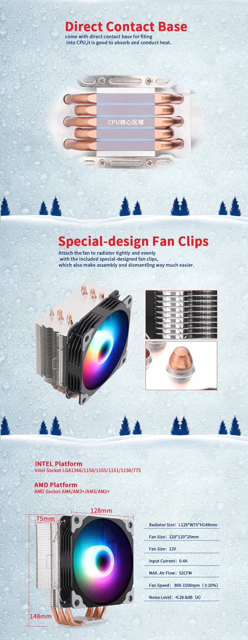 Factory Export Intel LGA1366/1156/1155/1151/1150/775 5 Heat Pipes CPU Cooler