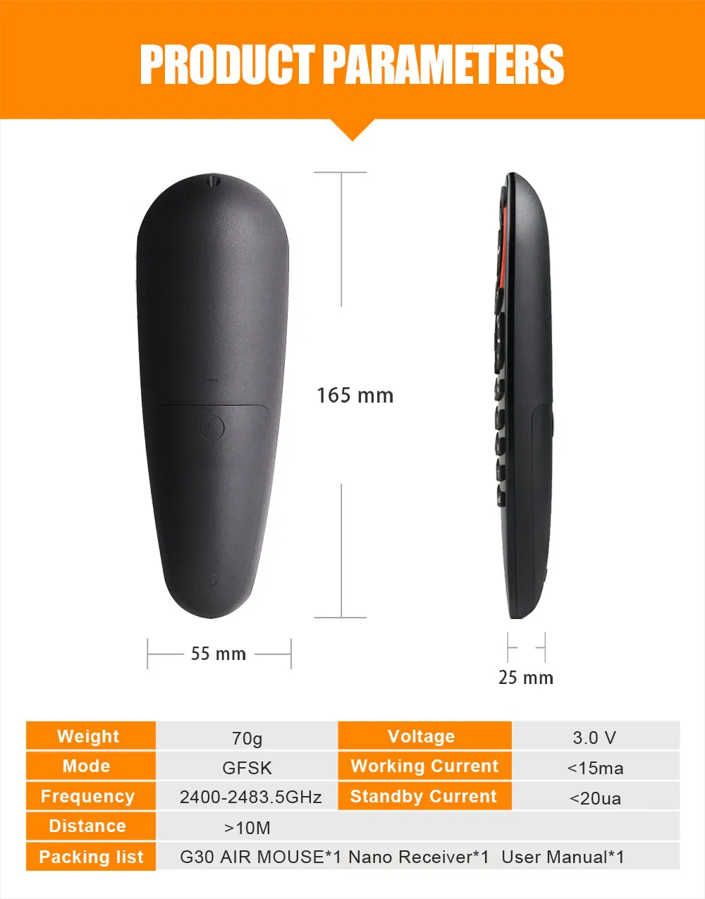 G30s Voice Air Mouse Universal 33 Keys IR Learning Gyro Sensing Wireless Smart Remote Control