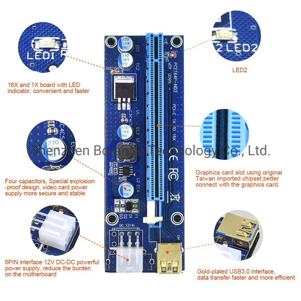 Golden Ver009 USB 3.0 PCI-E Riser Ver 009s Express 1X 4X 8X 16X Extender Riser Adapter Card SATA 15pin to 6 Pin Power Cable
