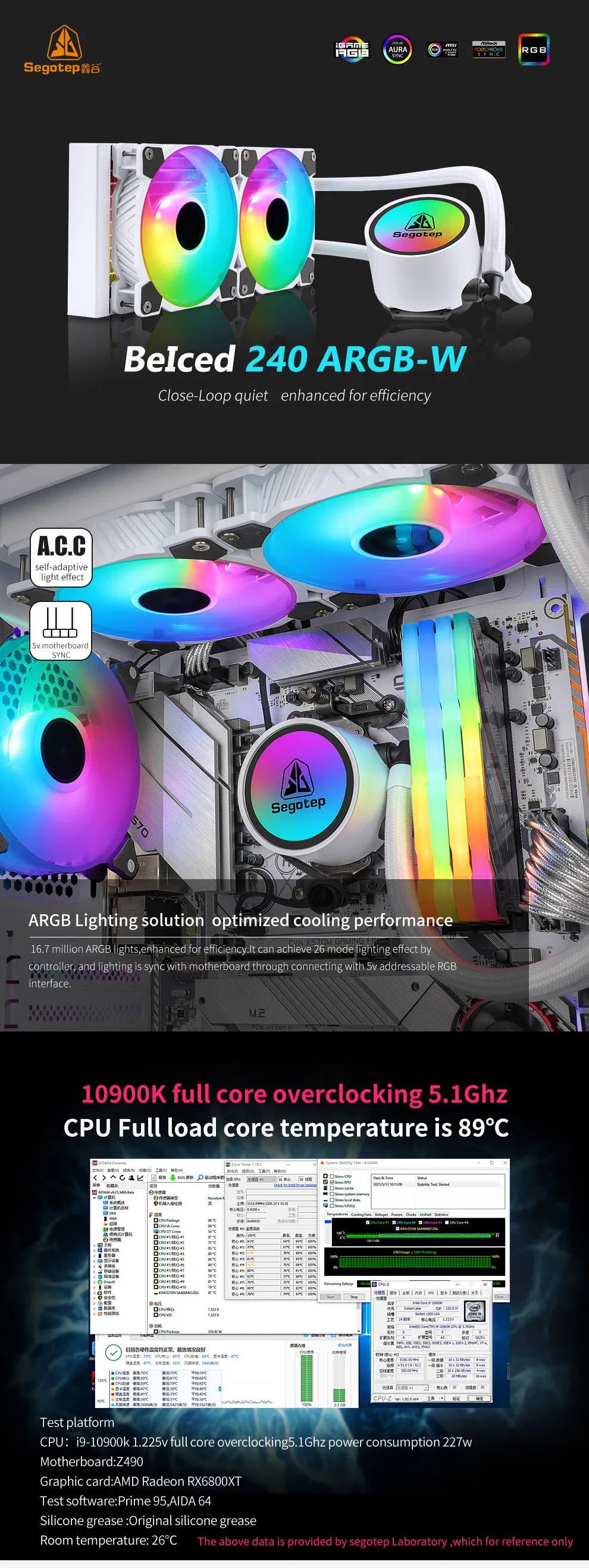 Intel 1200, 1150, 1151, 1155, 1156, 1366, 2011, 2066AMD Am4, Am3, Am2, Strx4, Str4 Beiced 240argb-White Edition CPU Liquid Cooler