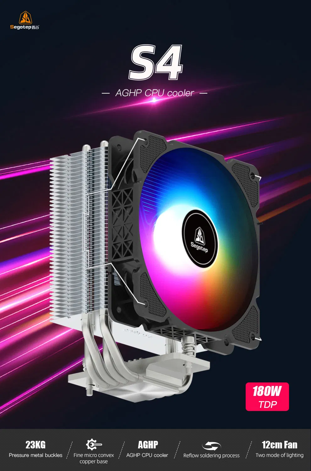 July-Segotep-to-Turkey-Brazil-Ghana-Fiji-Copper Base -4 Heat Pipes- Air Cooled Aghp-CPU Radiator-Cooler