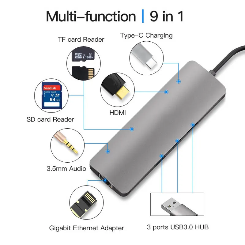 Lanetop USB 3.1 Type-C Hub to Adapter 4K Thunderbolt 3 USB C Hub with Hub 3.0 TF SD Reader Slot Pd for MacBook PRO/Air 2018