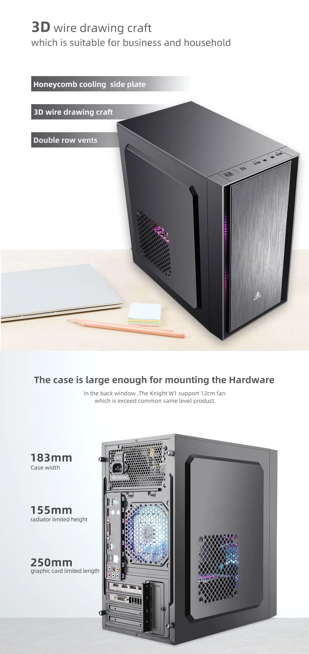 Micro ATX Computer Case Desktop PC Case with RGB Light (optional)