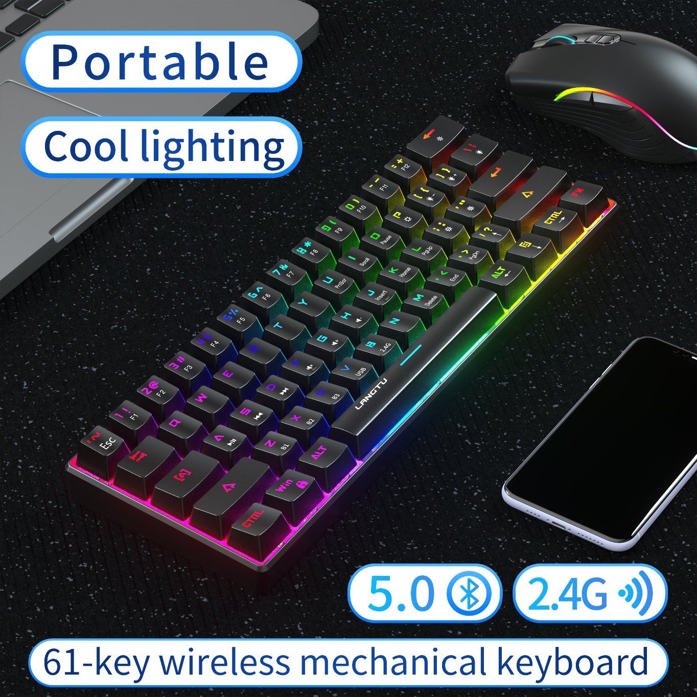 RGB 60% Gaming Keyboard PBT 61 Keys Mechanical Keyboard Teclado Clavier Wireless Bt5.0 Gaming Keyboards