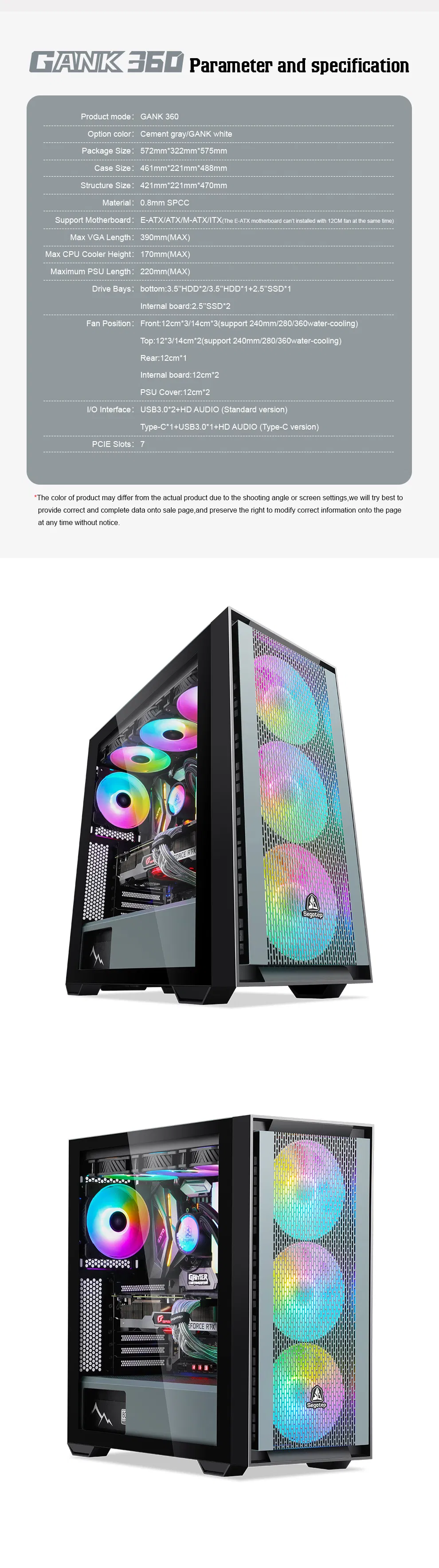Segotep Factory-USB3.0-Outstanding Ample Airflow-Clear Glass Panels-Glass-Top 360mm Radiator- Gaming Computer Cases