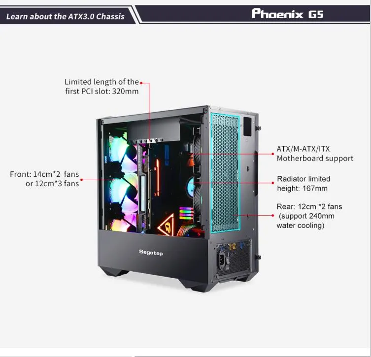 Segotep Phoenix G5 Tempered Glass Black/White MID Tower ATX RGB Computer Case