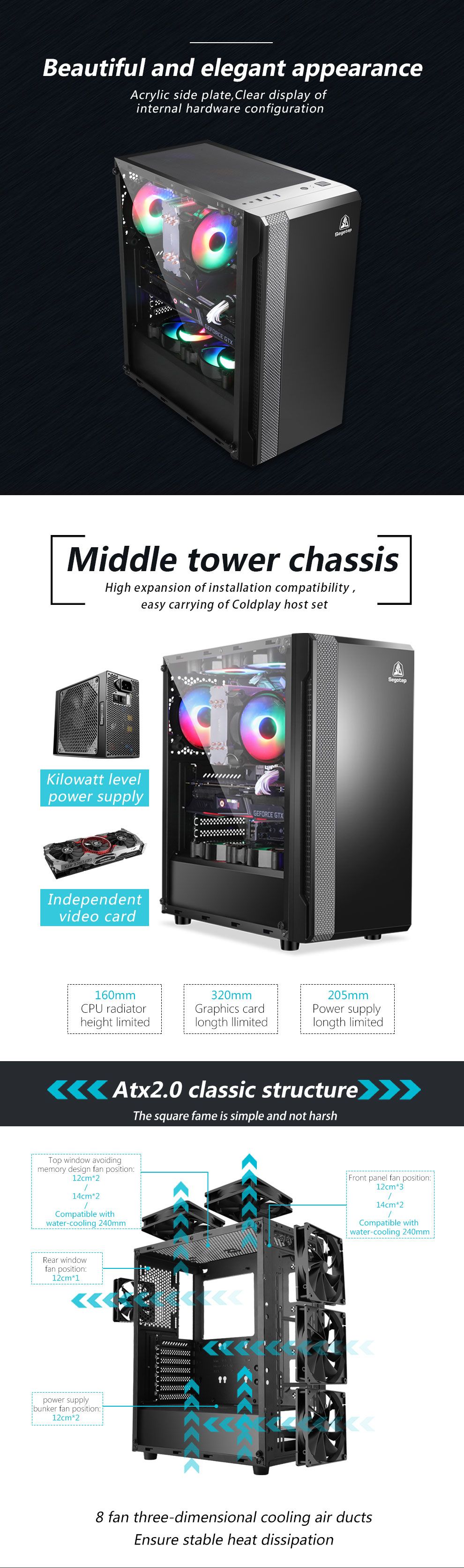 Segotep Prime Xt Black Case Water Cooling Computer Case (ATX motherboard/ 240 water cooling / side transparent / U3/ support long graphics card / game case)