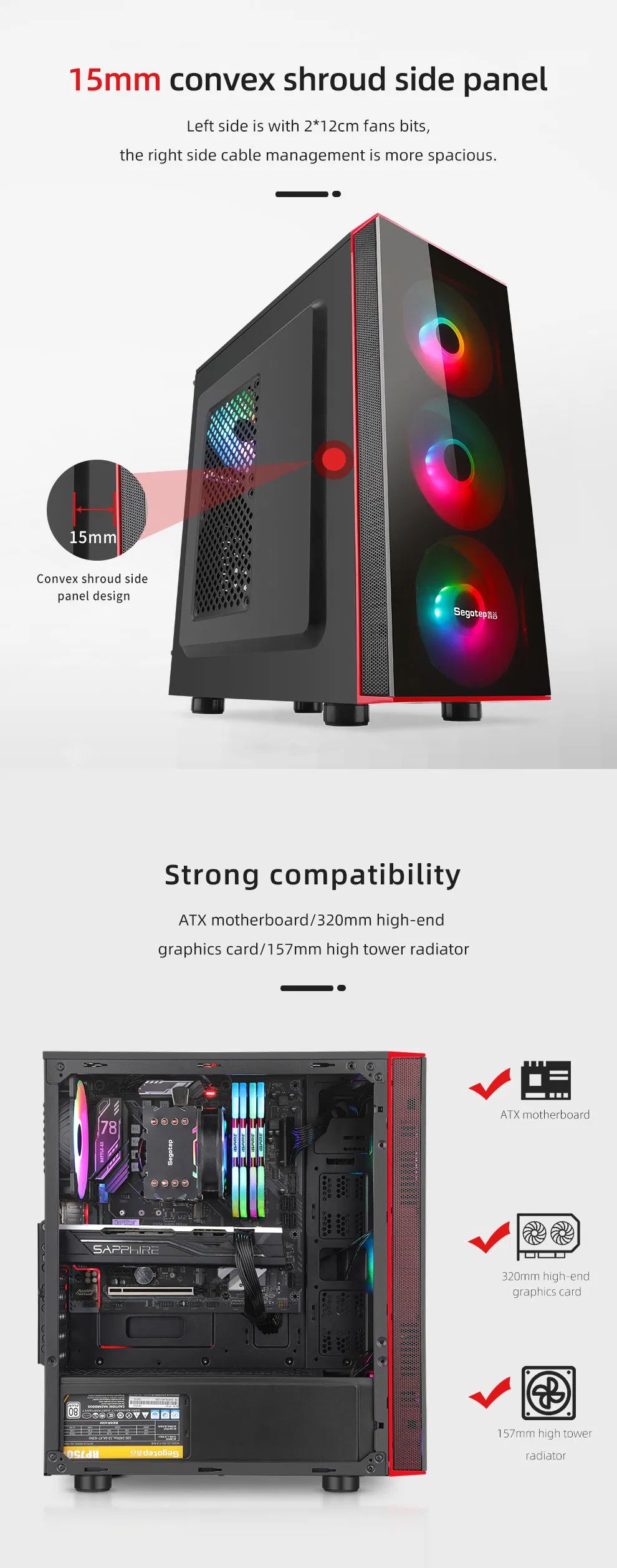 Segotep Ray Plus Black Red ATX Big Motherboard/ Big Power Supply Covering Computer Case