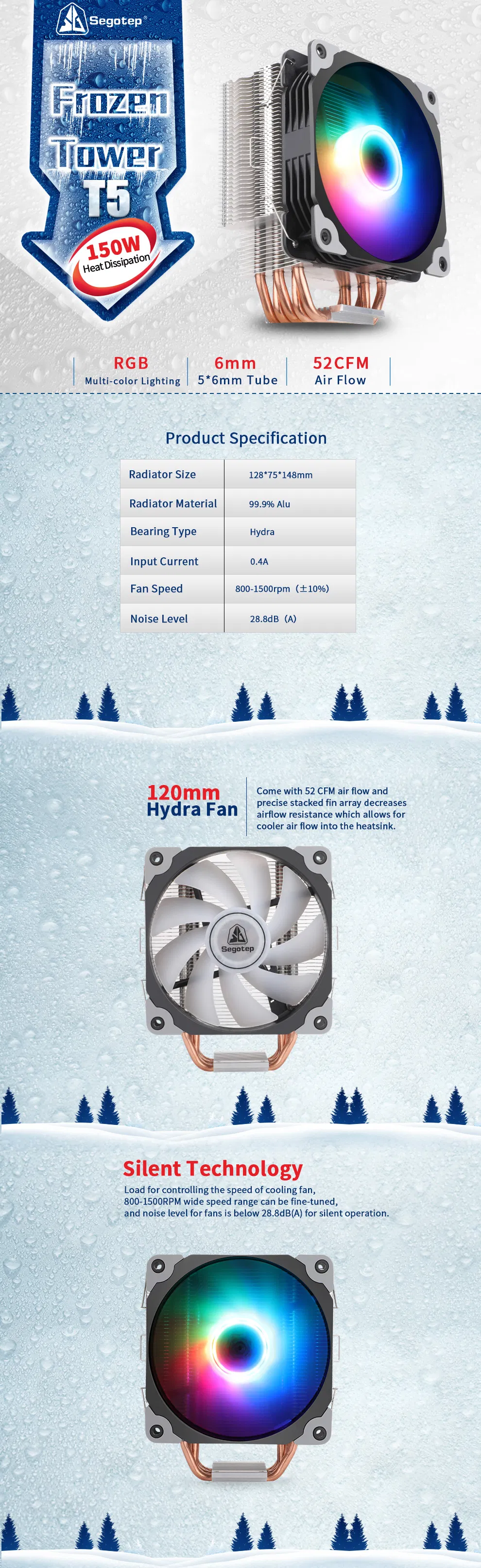 Support LGA1366/1156/1155/1151/1150/775 Heat Dissipation 150W Air CPU Cooler