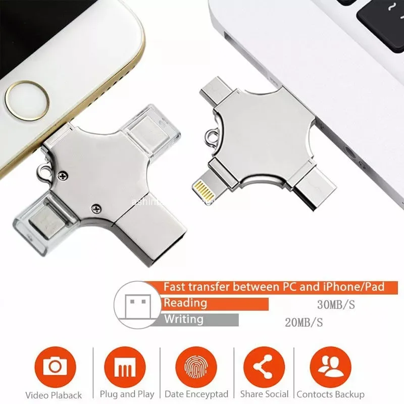 Type-C USB Flash Disk 4 in 1 Phone USB Pen Drive for iPhone & Android